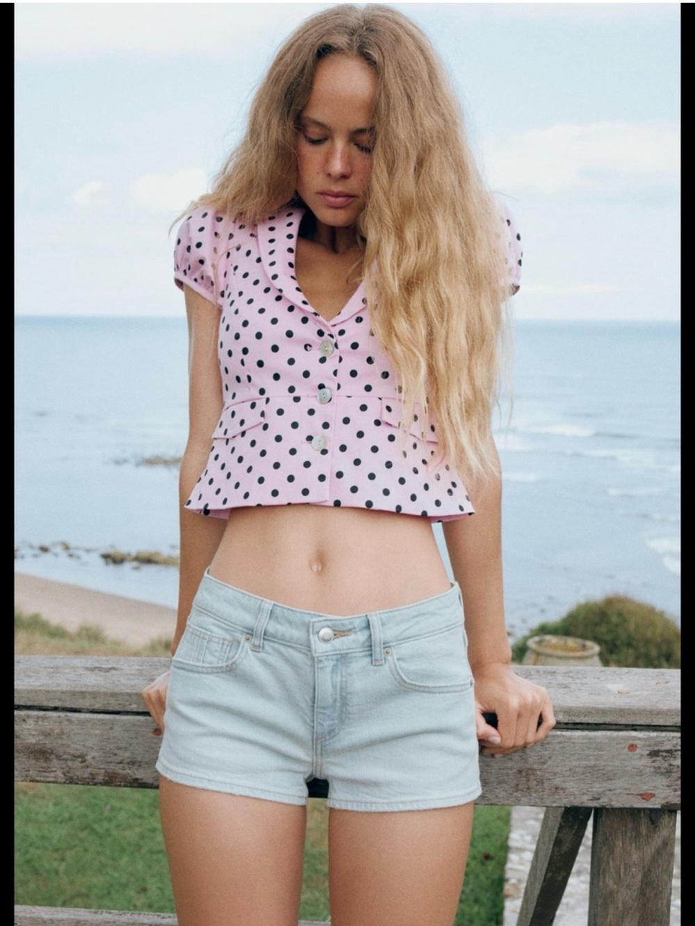 Zara Pink Polka Dot Cropped Button-Up Top/Jacket